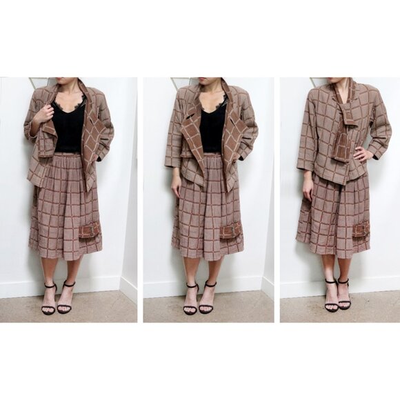 70's Muted Brown Plaid Peasant Skirt w/ Asymmetric Band Detail, Boho Retro - Picture 6 of 6